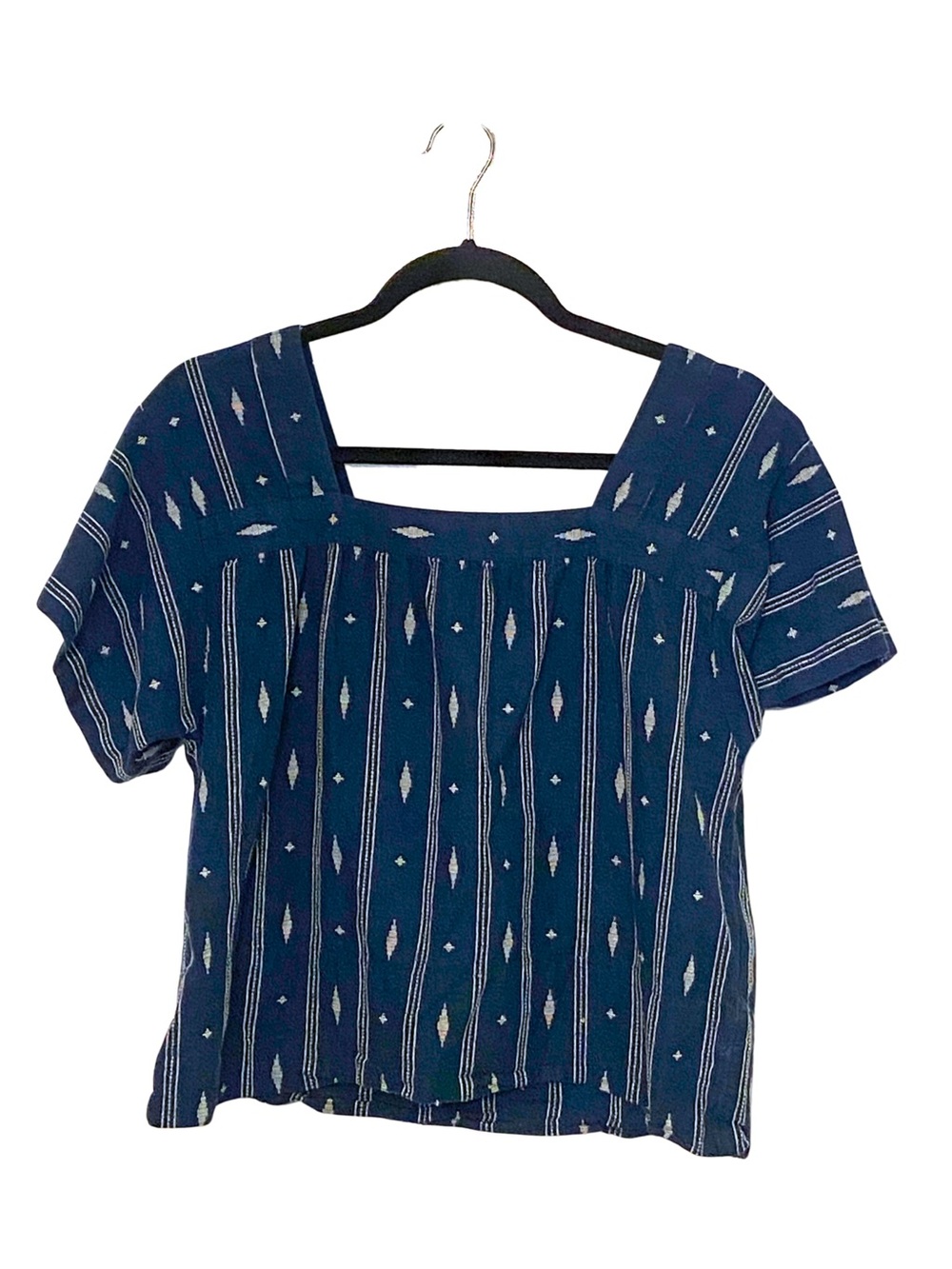 Madewell Blue Aztec Boho style Square-Neck Short Sleeve Top